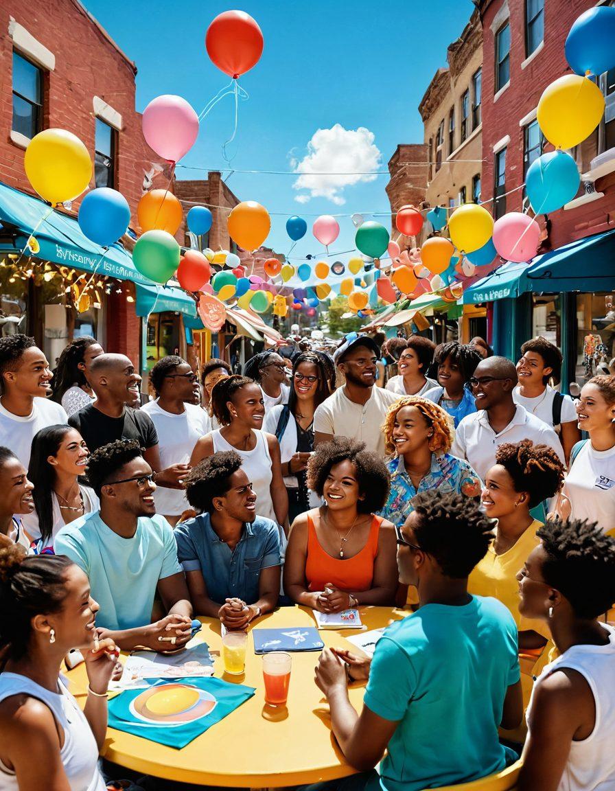 A vibrant community scene filled with diverse people engaging joyfully in conversation, highlighting individuals expressing themselves creatively through art and music. Include symbols of support, like speech bubbles filled with encouraging words and colorful decorations representing different perspectives. The atmosphere should radiate positivity and empowerment, showing connections among the community members. Brightly colored with a sunny backdrop. super-realistic. vibrant colors. 3D.