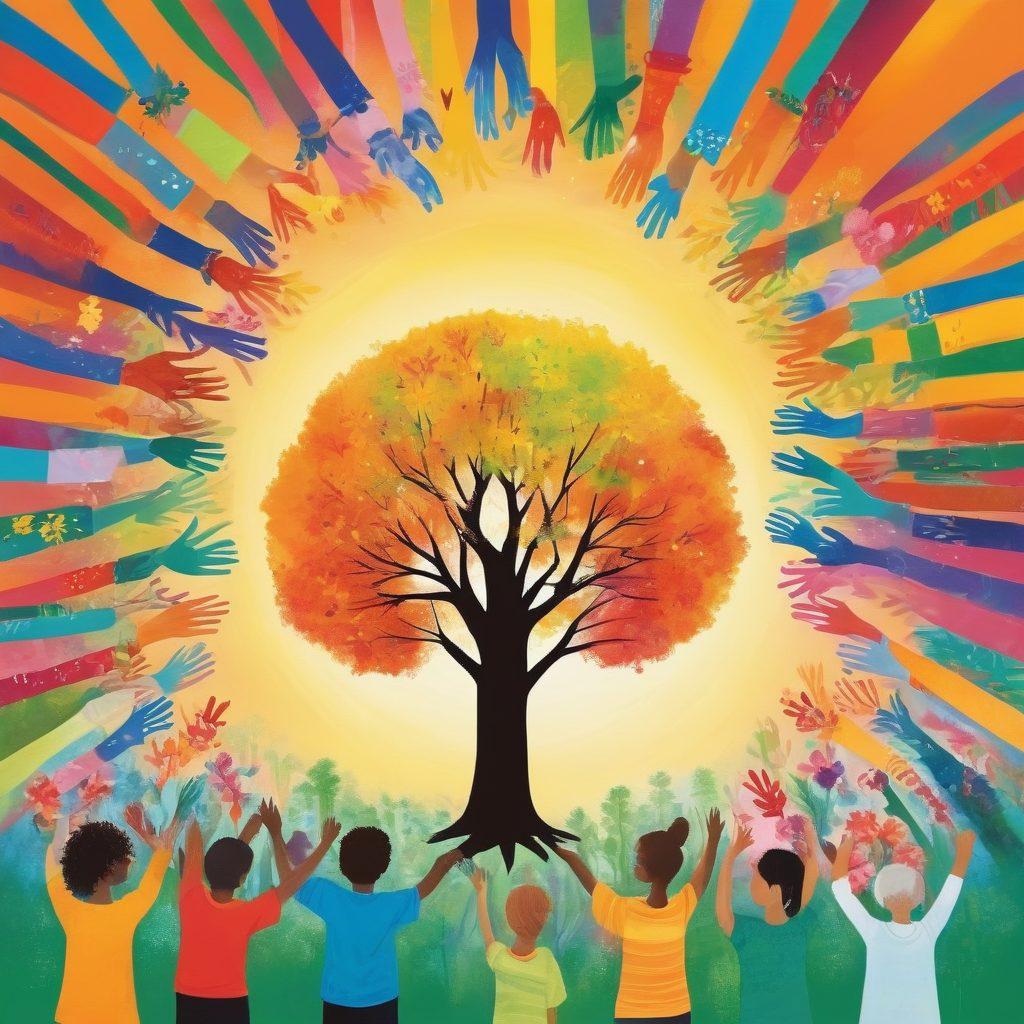A diverse group of individuals of different ages joyfully engaging in activities that showcase their unique strengths and interests, surrounded by vibrant colors symbolizing diversity. Include elements of nature, such as trees and flowers, to represent growth and empowerment, along with symbols of advocacy like ribbons and signs. The atmosphere should be uplifting and positive, emphasizing community support and acceptance. vibrant colors. super-realistic. a sense of connection.