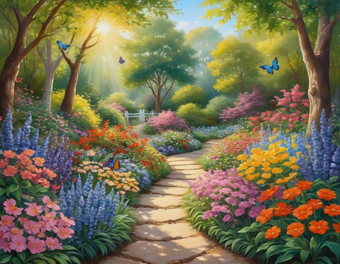 A serene garden filled with diverse plants symbolizing neurodiversity, featuring a path winding through blooming flowers and trees. Include individuals of various backgrounds engaged in joyful activities, representing happiness and growth. Soft sunlight filters through the leaves, creating a warm, inviting atmosphere. Add whimsical butterflies and birds to evoke a sense of harmony. painting. vibrant colors. soothing palette.